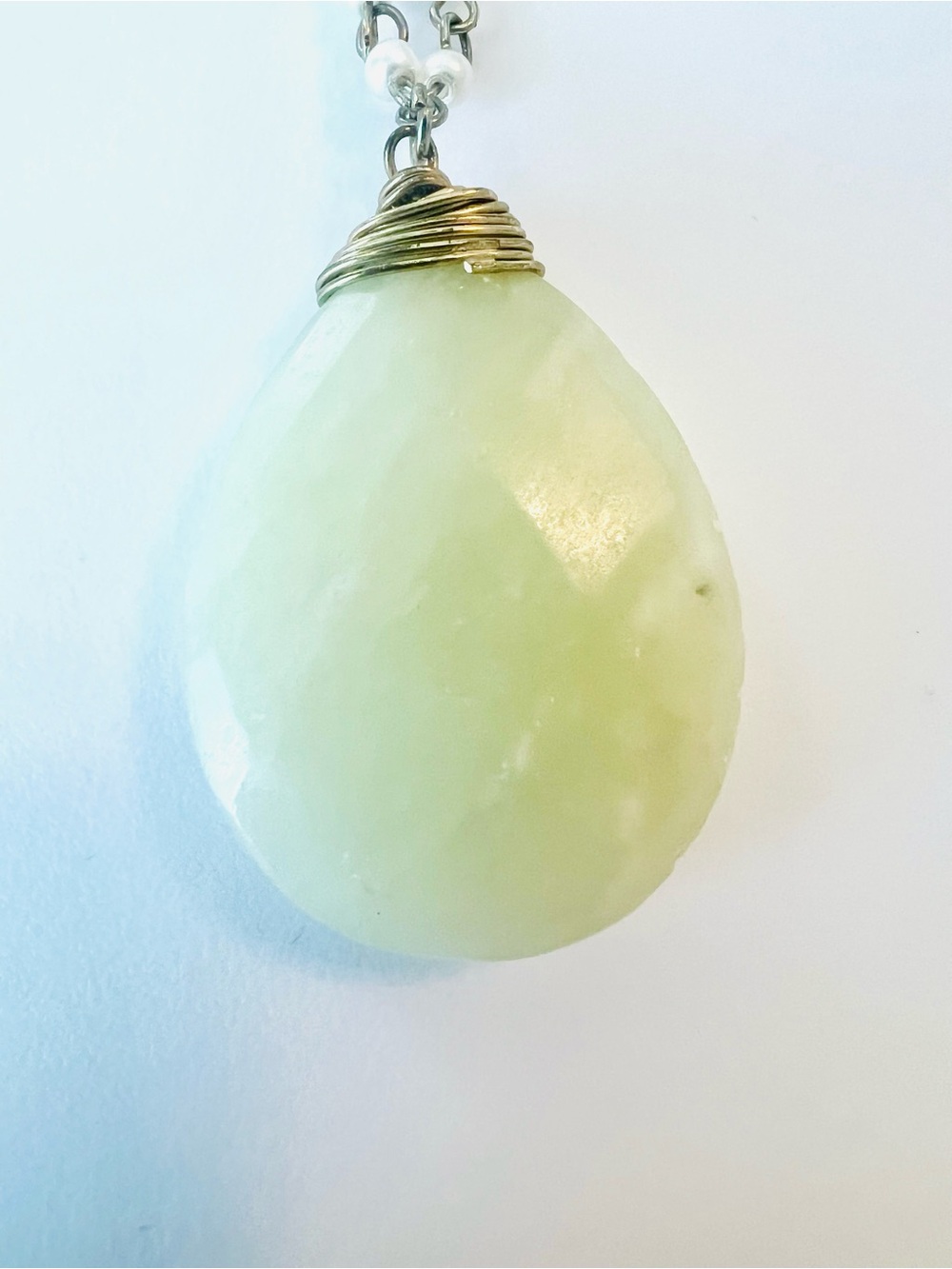 Faceted Pale Green Teardrop Pendant Necklace 30”